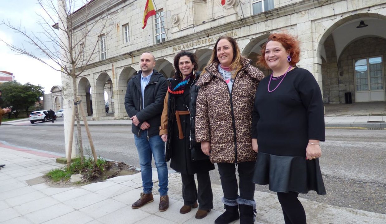 Representantes de Podemos e IU frente al Parlamento de Cantabria. R.A.