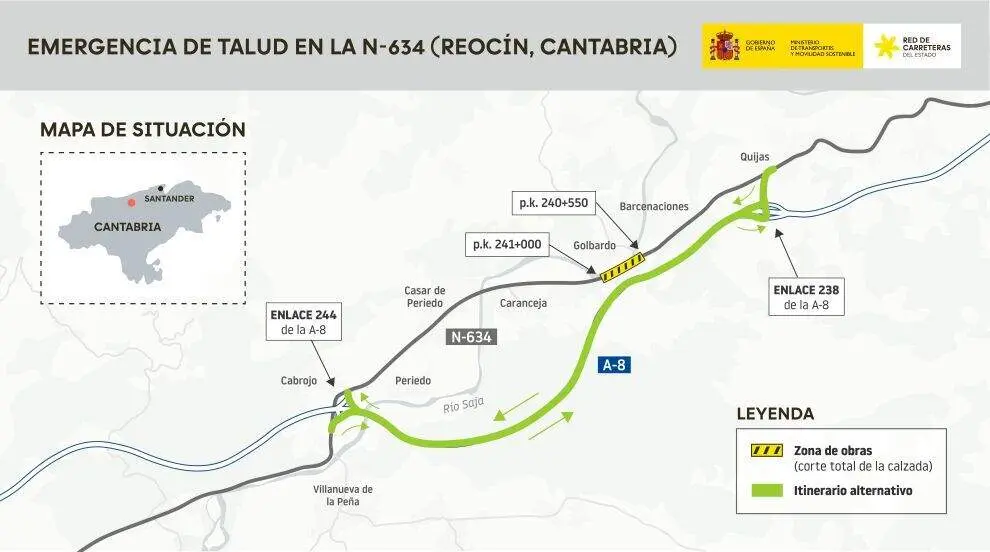 Tramo del sostenimiento del talud en la N-634.