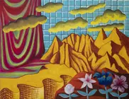 Desierto y flores con cortina, 2024. &Oacute;leo sobre tela. 100 por 130 cent&iacute;metros.