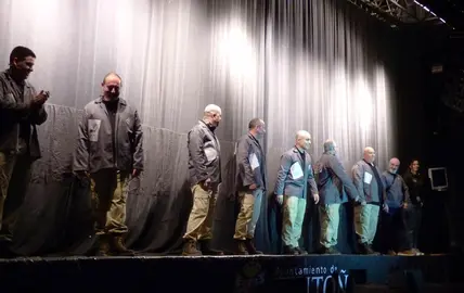 Los integrantes del Carnavaldelnorte tras dar el pregón de 2022. Nyka Goicoechea