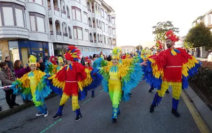 El grupo de loros en el momento del desfile de Noja. R.A.