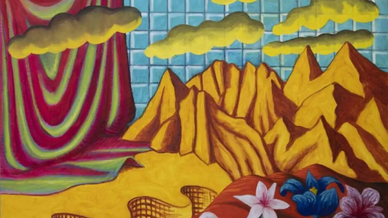 Desierto y flores con cortina, 2024. &Oacute;leo sobre tela. 100 por 130 cent&iacute;metros.