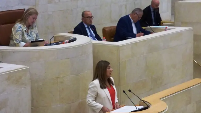 La presidenta regional, María José Sáenz de Buruaga (PP), en el Parlamento.
